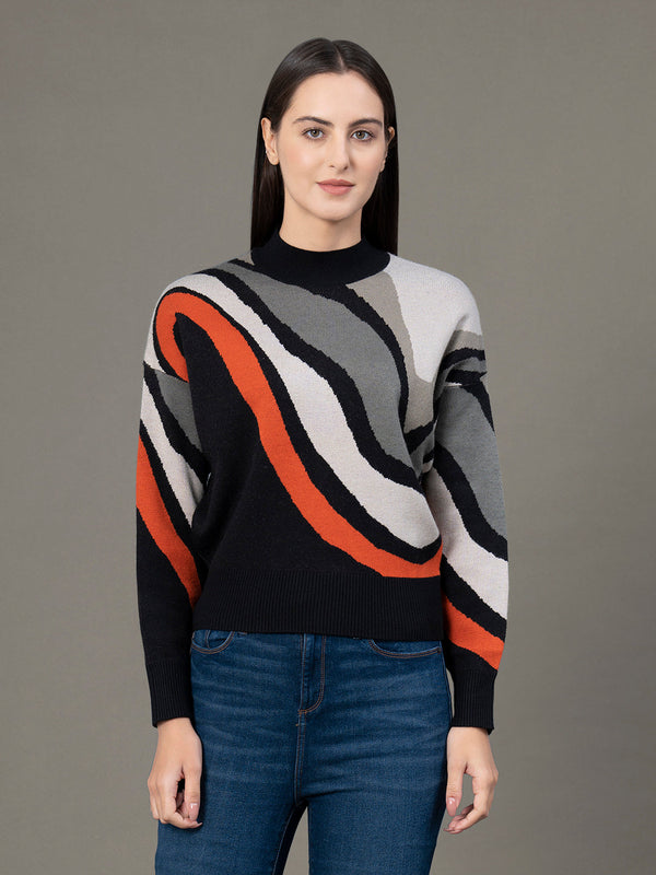 redtape Mock Neck Drop Shoulder Sweater for Women Black Orange
