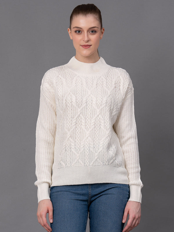 Redtape Off White Acrylic Self Design Women's Sweater Off White