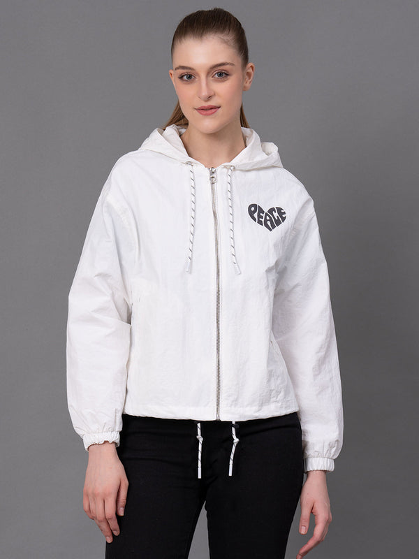 Redtape Off White Nylon Graphic Print Women's Windcheater Jacket Off White