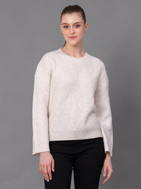 Redtape Off White Poly Acrylic Self Design Women's Sweater Off White