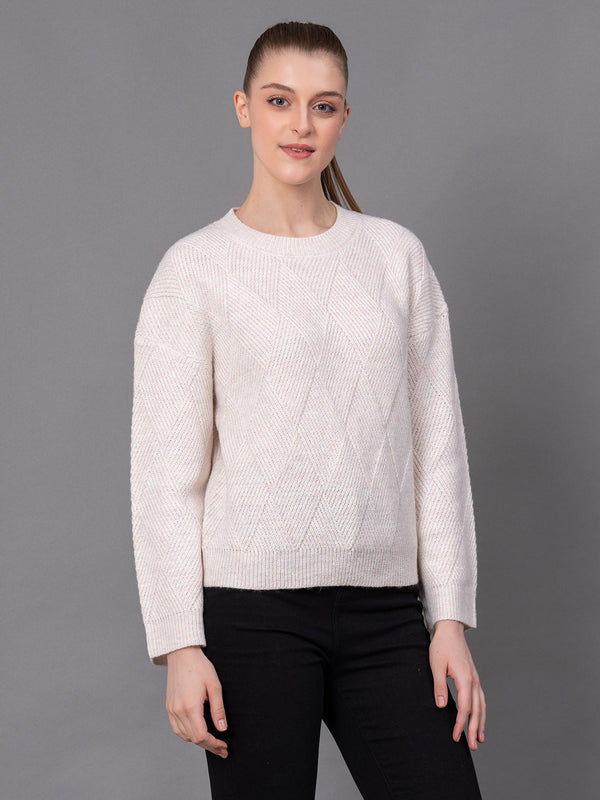 Redtape Off White Poly Acrylic Self Design Women's Sweater Off White