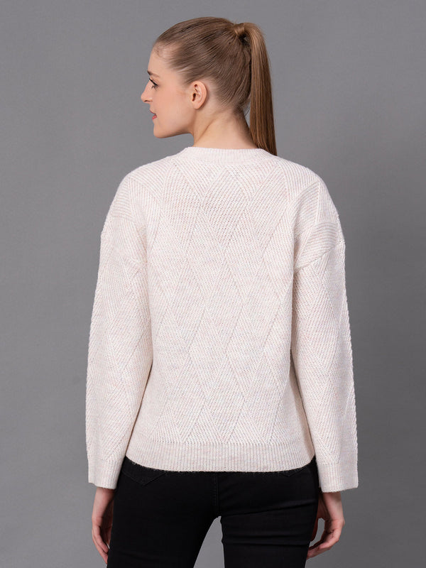 Redtape Off White Poly Acrylic Self Design Women's Sweater Off White