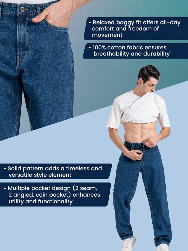 Redtape Mens Baggy Fit Jeans Mid Blue