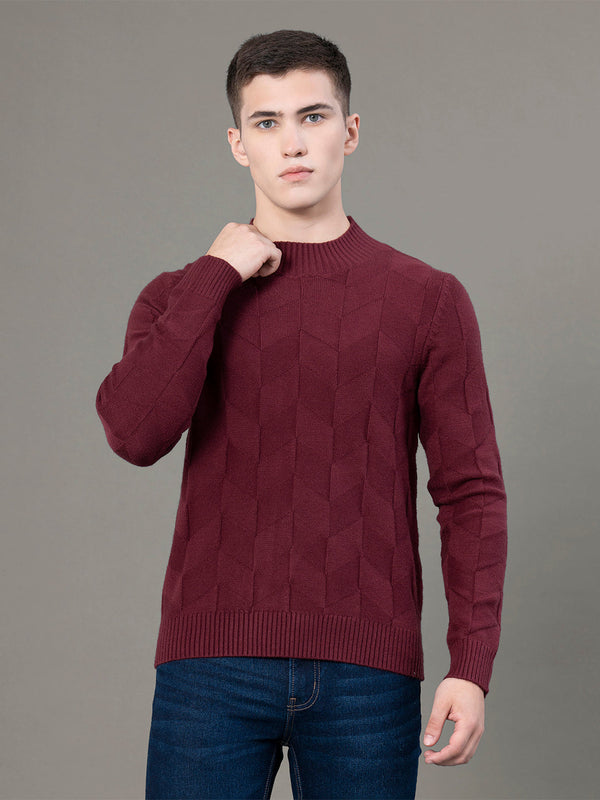 Redtape Mock Neck Pattern Sweater For Men Maroon