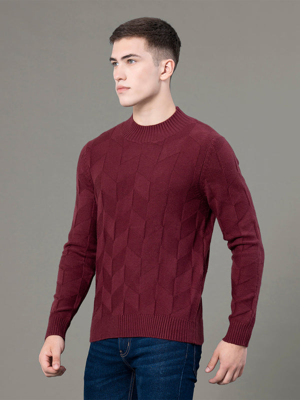 Redtape Mock Neck Pattern Sweater For Men Maroon