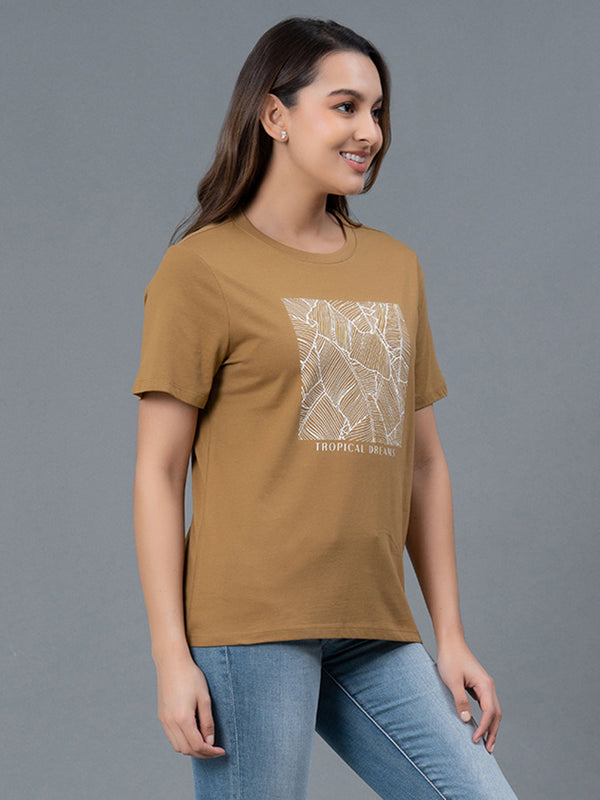 Redtape Round Neck Cotton T-Shirt For Women Camel