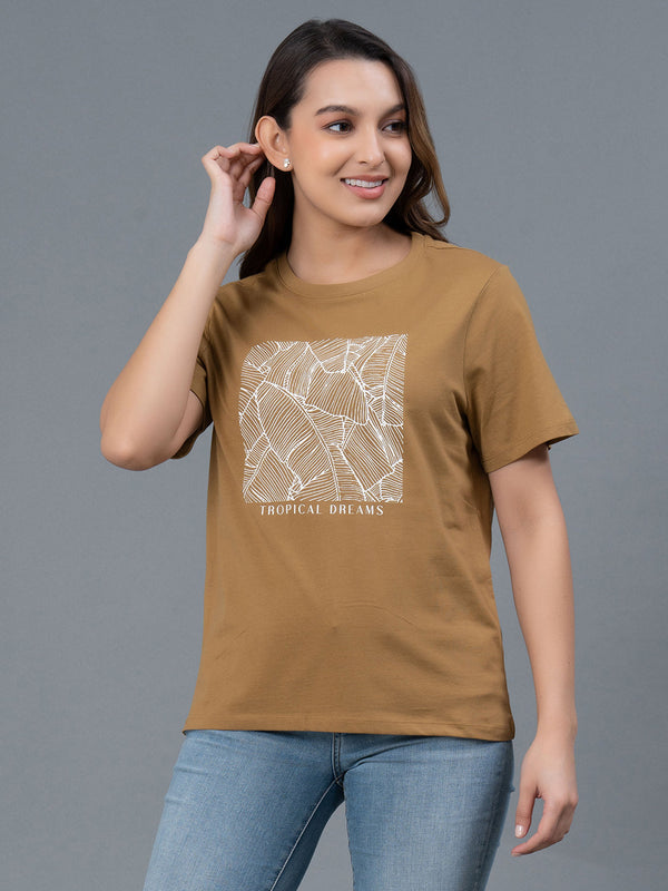 redtape Round Neck Cotton T-Shirt for Women Camel