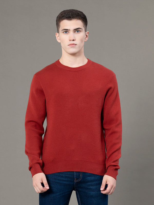 redtape Round Neck Solid Sweater for Men Brick