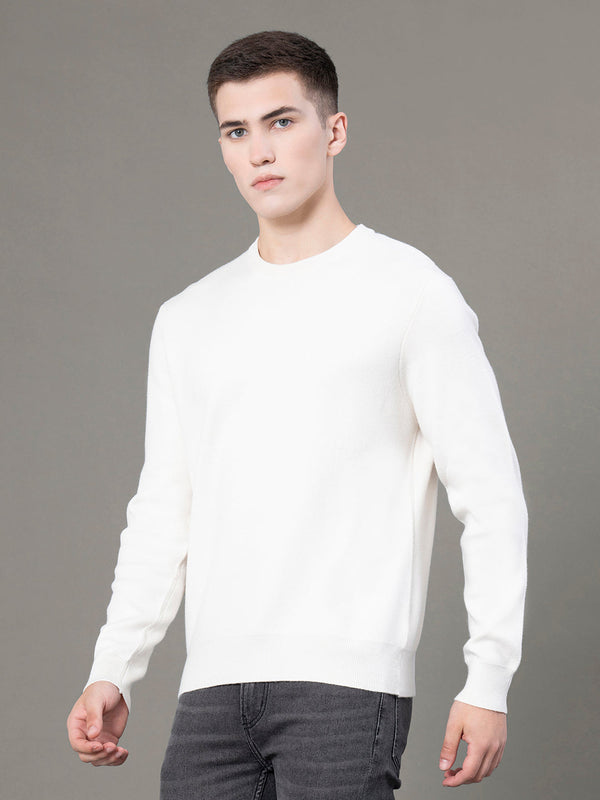 Redtape Round Neck Solid Sweater For Men Off White