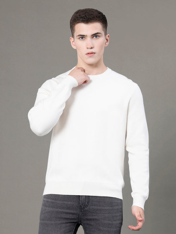 redtape Round Neck Solid Sweater for Men Off White