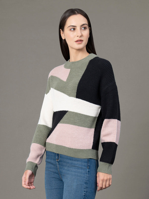 Redtape Round Neck Drop Shoulder Sweater For Women Green