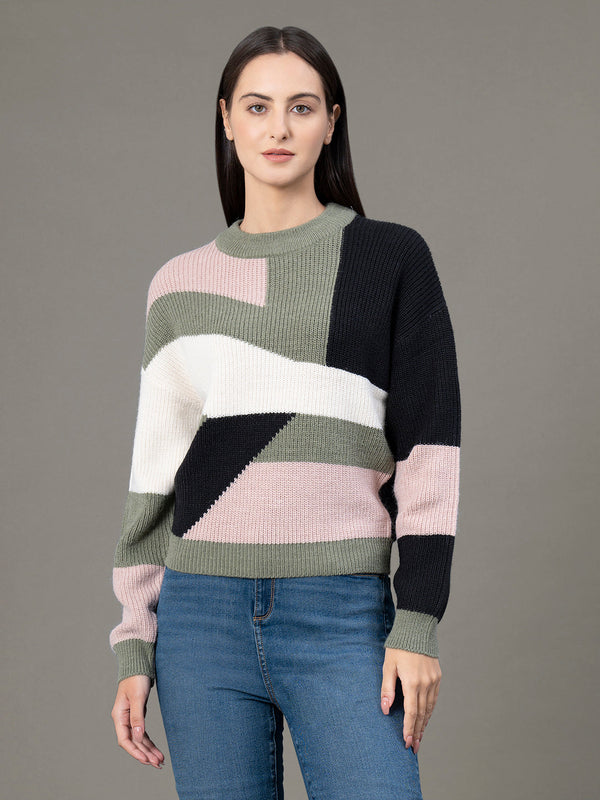 redtape Round Neck Drop Shoulder Sweater for Women Green