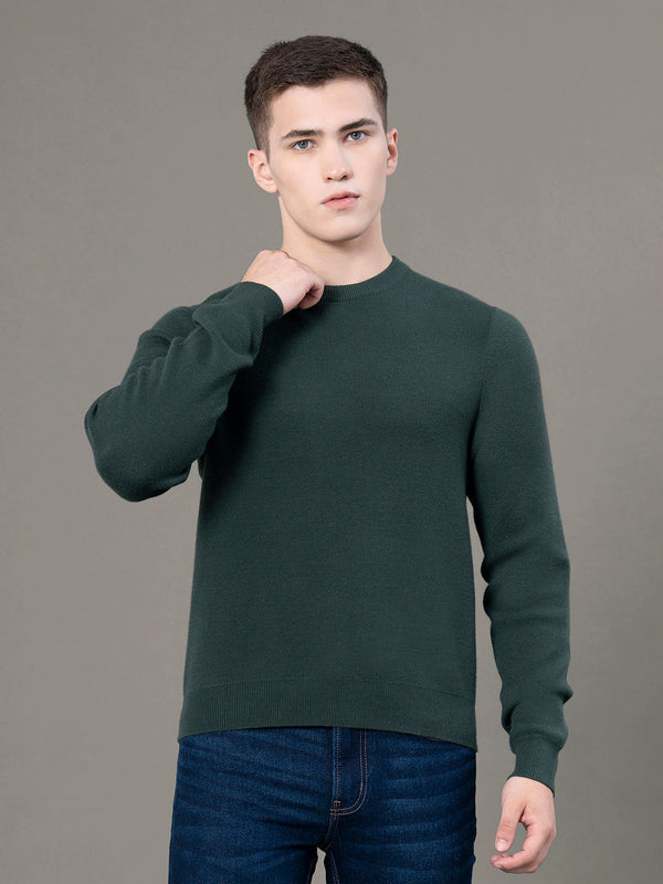 redtape Round Neck Solid Sweater for Men Dark Green