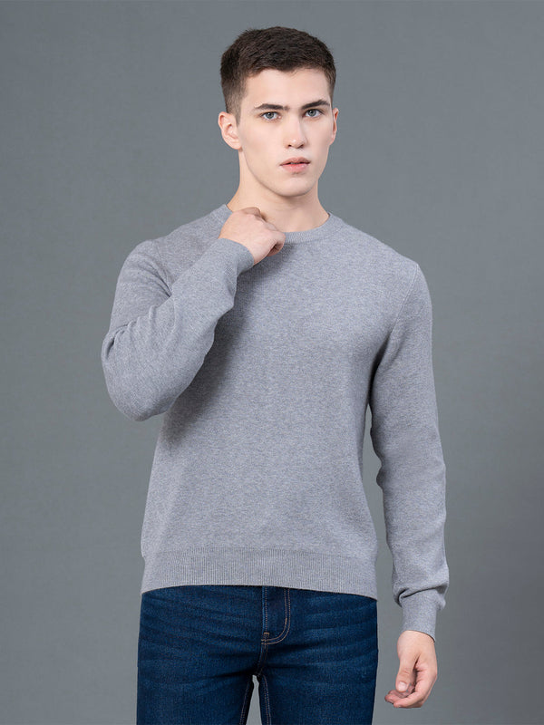 Redtape Round Neck Solid Sweater For Men Grey Melange