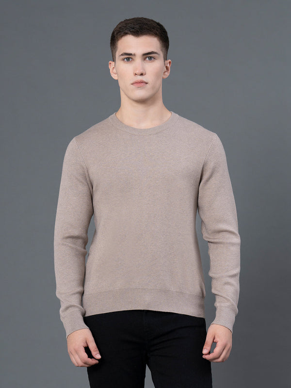 redtape Round Neck Solid Sweater for Men Light Brown