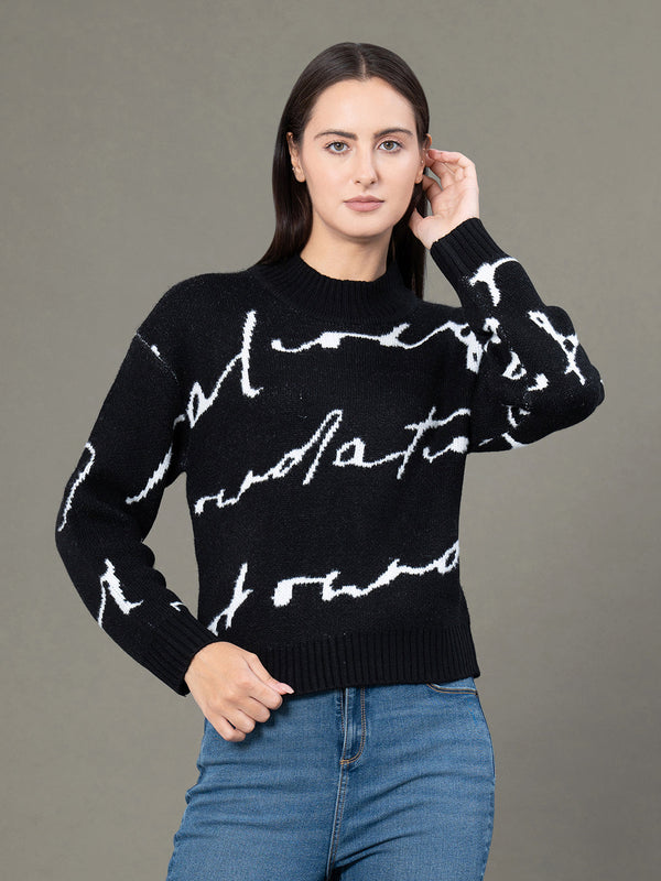 Redtape Round Neck Typography Pattern Sweater For Women Black