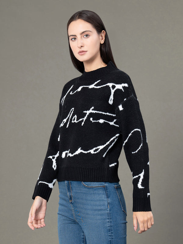 Redtape Round Neck Typography Pattern Sweater For Women Black