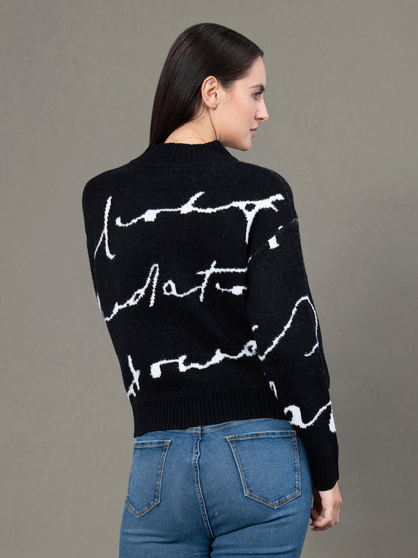 Redtape Round Neck Typography Pattern Sweater For Women Black