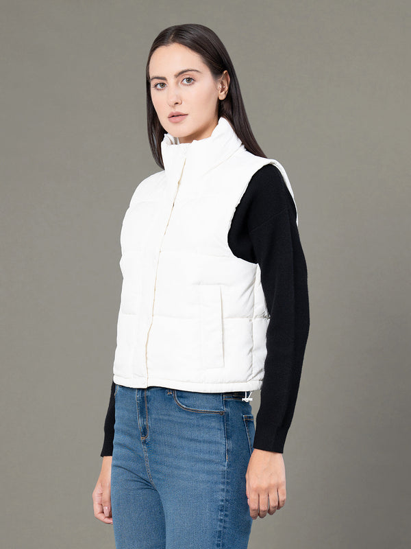 Redtape Stand Collar Sleeveless Jacket For Women Off White