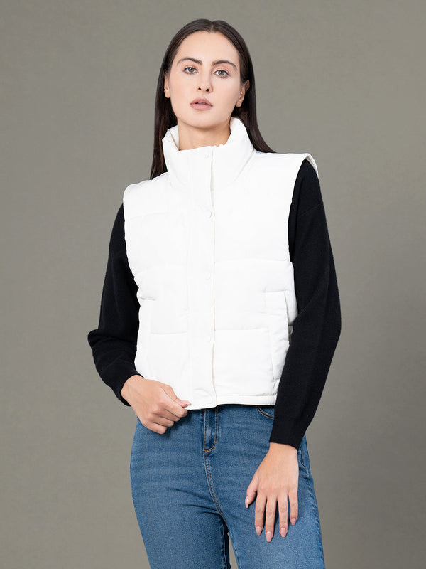 redtape Stand Collar Sleeveless Jacket for Women Off White