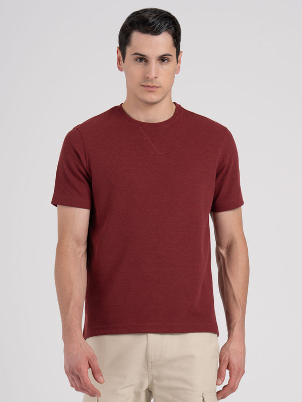 redtape Structured Round Neck T-Shirt for Men | Stylish & Comfortable Everyday Wear Maroon