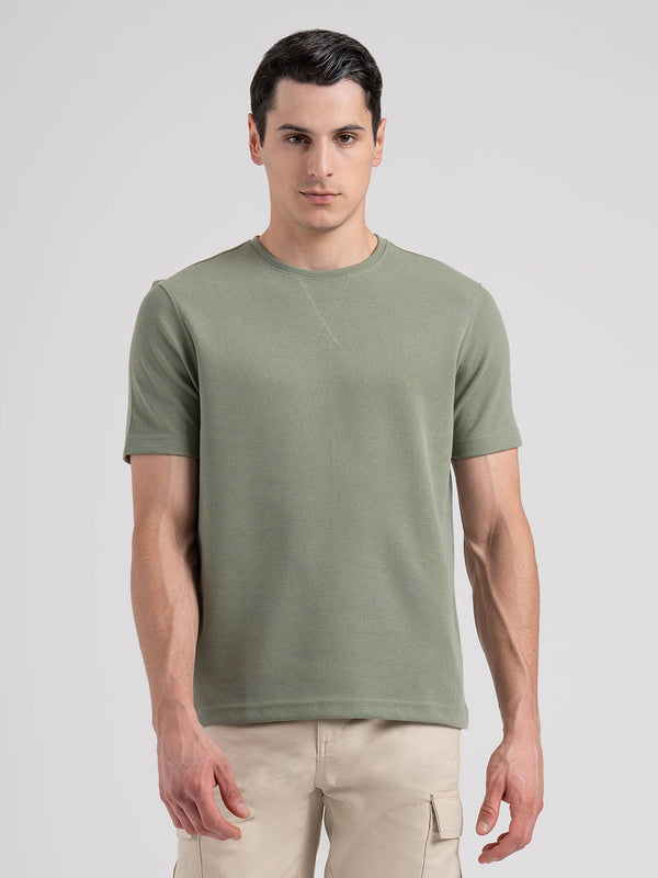 redtape Structured Round Neck T-Shirt for Men | Stylish & Comfortable Everyday Wear Olive