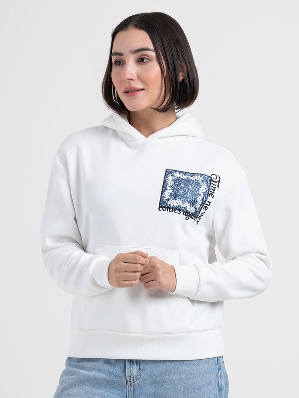 Redtape White Graphic Winter Hoodie For Women | Cozy Winter Essential White