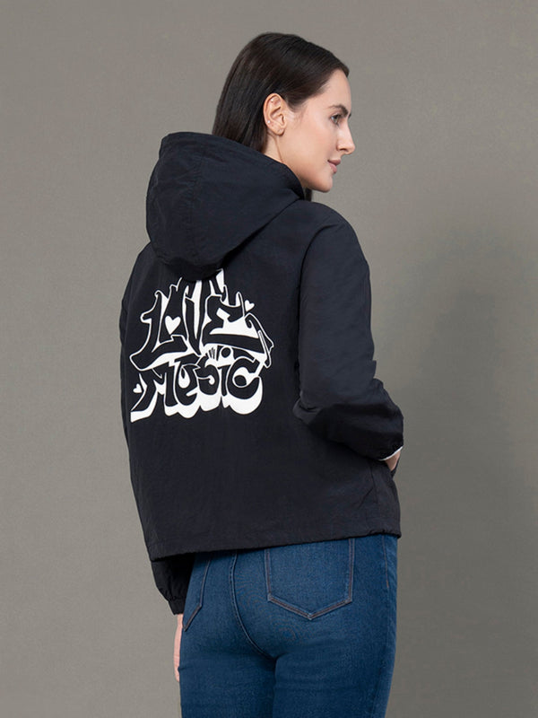 Redtape Women's Black Polyamide Graphic Print Windcheater Jacket Black