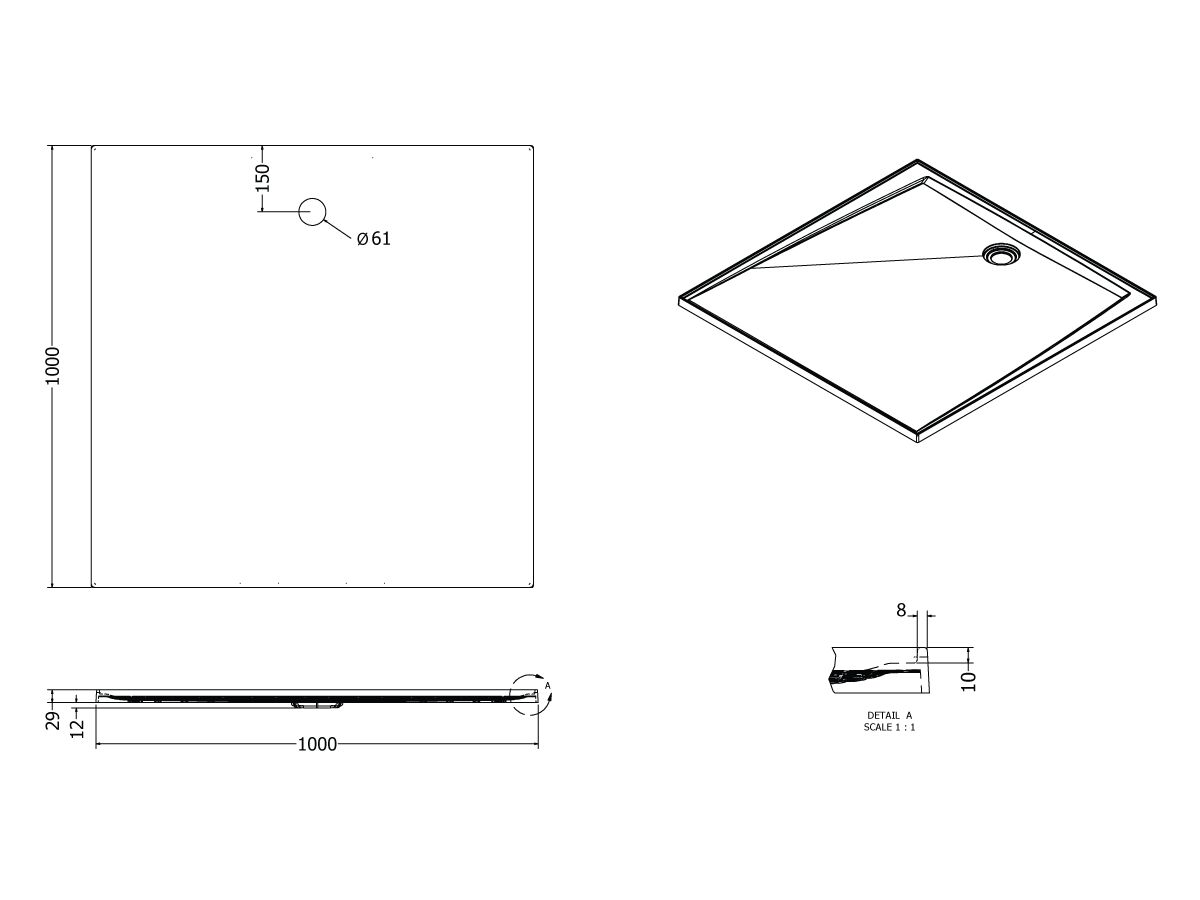 Reece Akril Torbex Shower Base 1000mm X 1000mm White