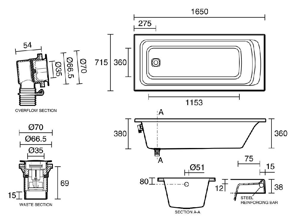 Reece Base Acrylic Inset Bath 1650 X 715 X 380mm With Overflow Chrome