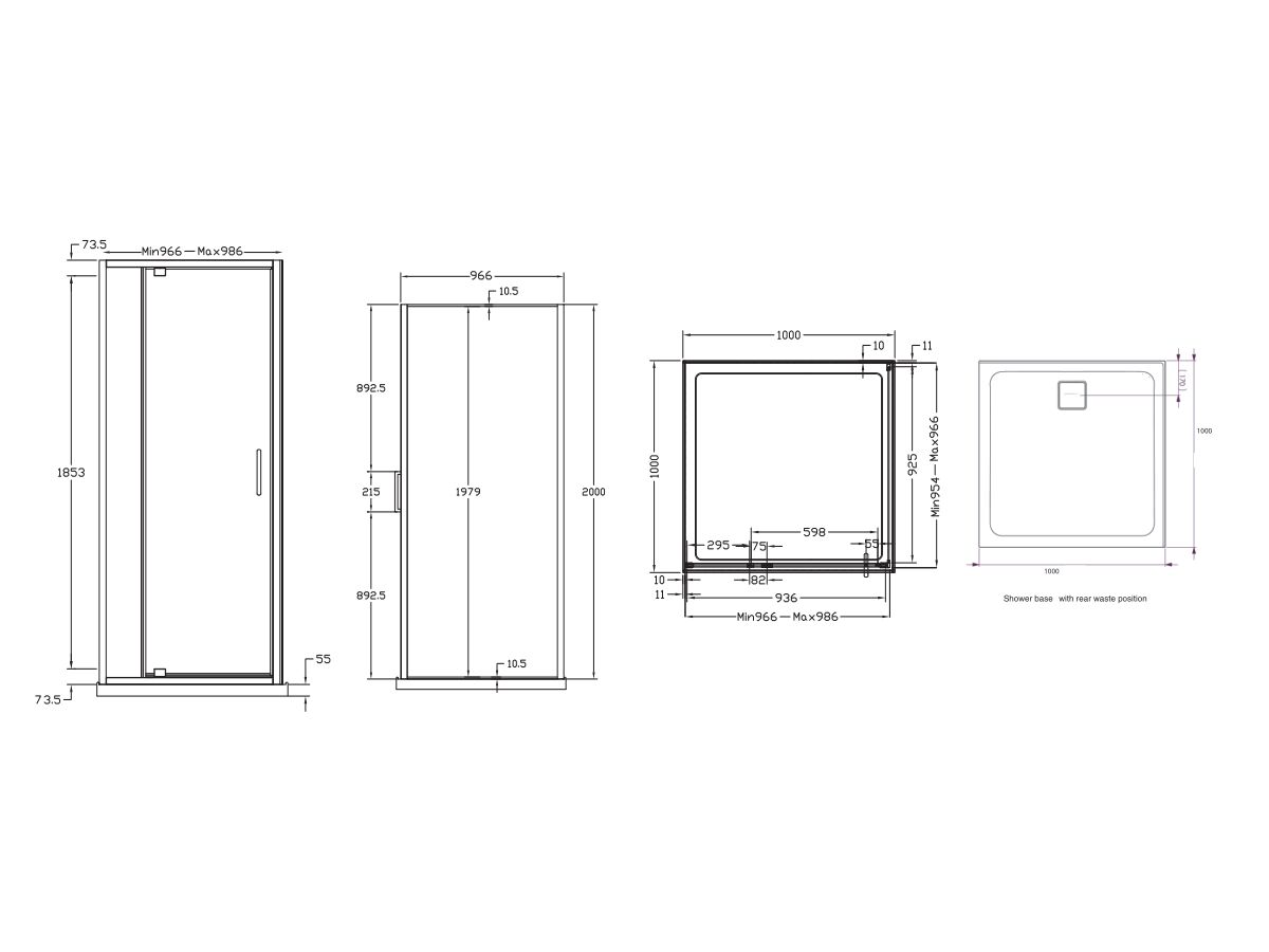 Reece Base MK2 Shower Screen & Shower Base With Rear Outlet 1000mm X 1000mm White & Chrome