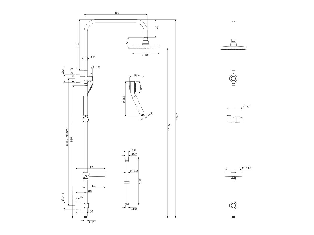 Reece Base Twin Rail Shower With 180mm ABS Overhead With Top Rail Water Inlet Chrome (3 Star)