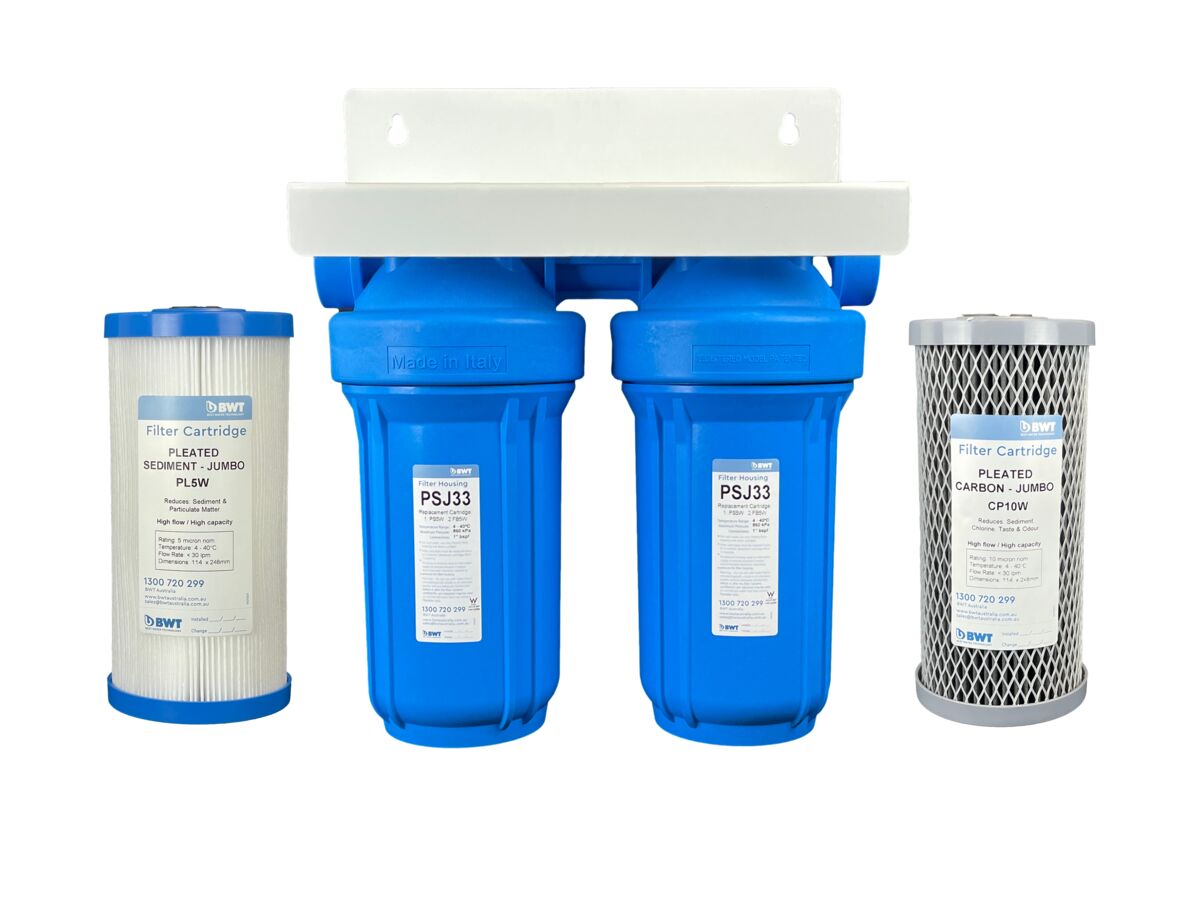 reece BWT Twin 10" Jumbo Housing with Cartridges for Mains Water Filtration. 5 micron Polyspun Sediment Filter & 5 micron Fibron Carbon Filter