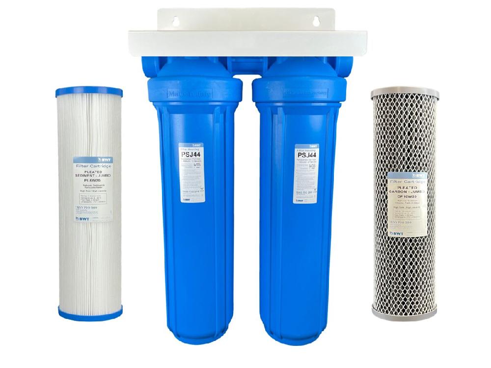 reece BWT Twin 20" Jumbo Housing with Cartridges for Rainwater Filtration 5 micron Pleated Sediment Filter & 10 micron Pleated Carbon Filter