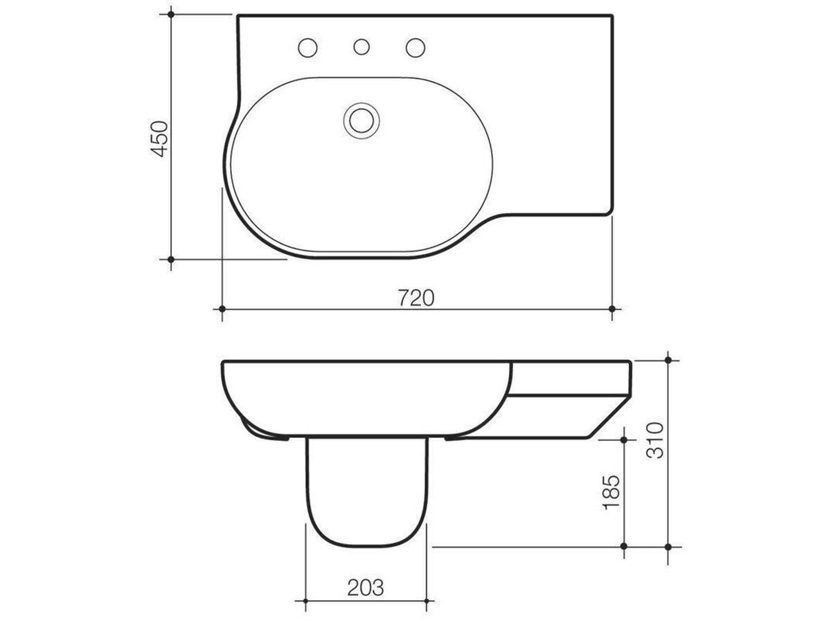 Reece Caroma Opal Wall Basin Right Hand Shelf Without Overflow 1 Taphole 720mm White