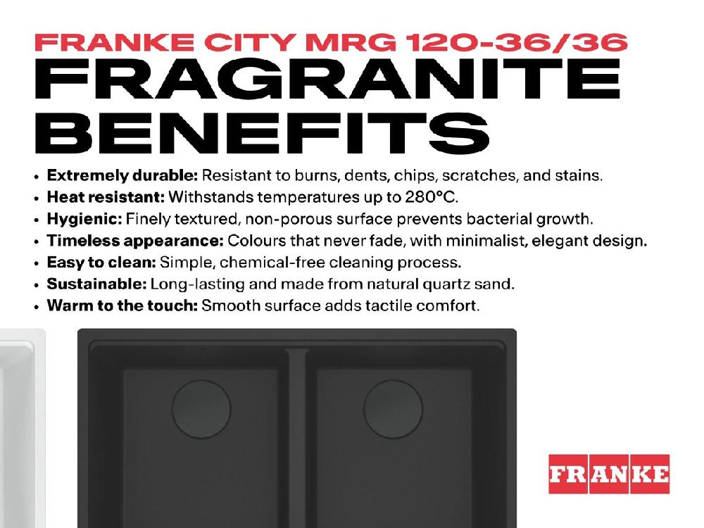 Reece Franke City Fragranite Double Bowl 360mm Bowl + 360mm Bowl Undermount Sink Polar White