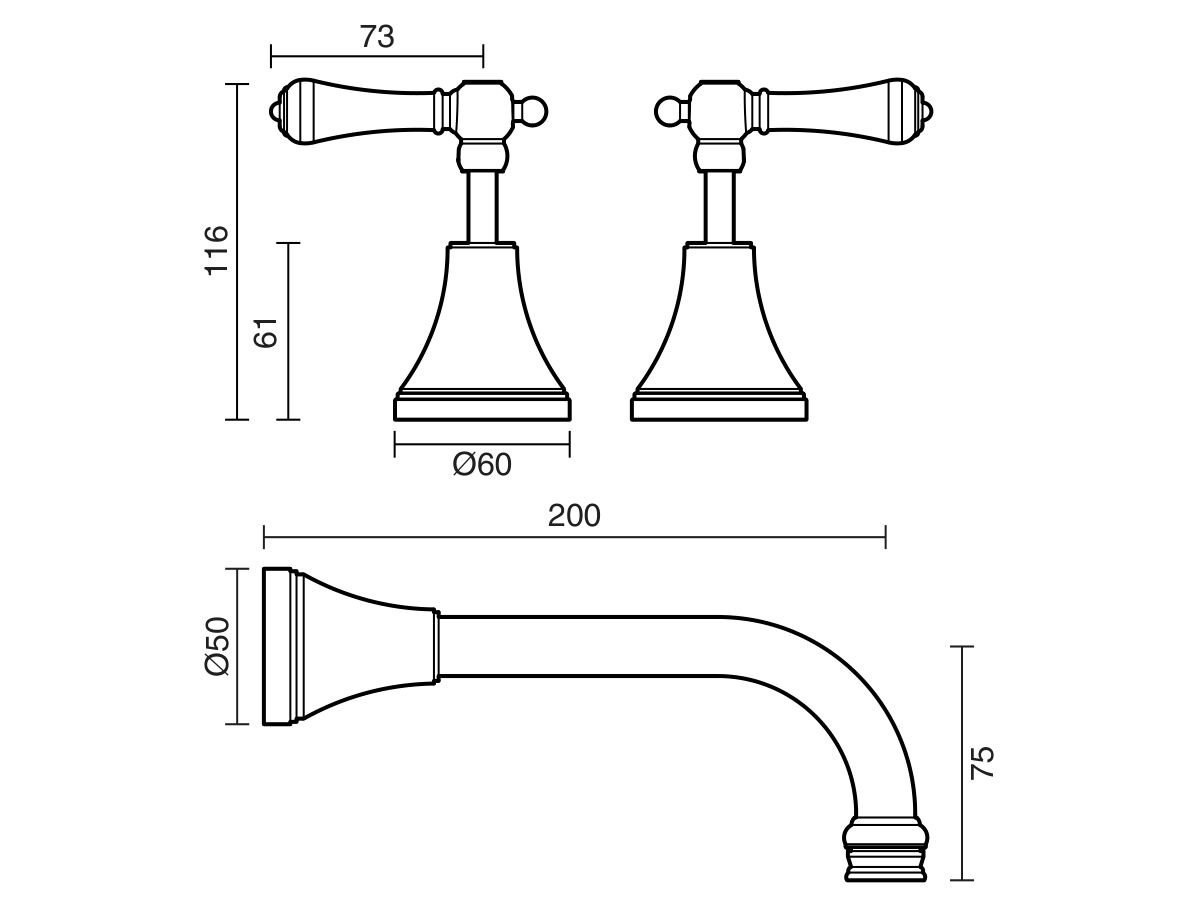 Reece Kado Era Wall Basin Set 200mm Lever Porcelain Handle Brass Gold (5 Star)