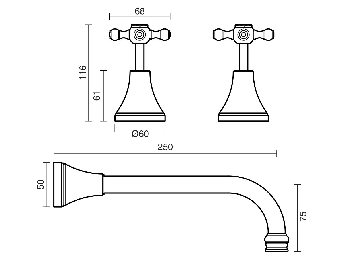 Reece Kado Era Wall Basin Set 250mm Cross Handles Brass Gold (5 Star)