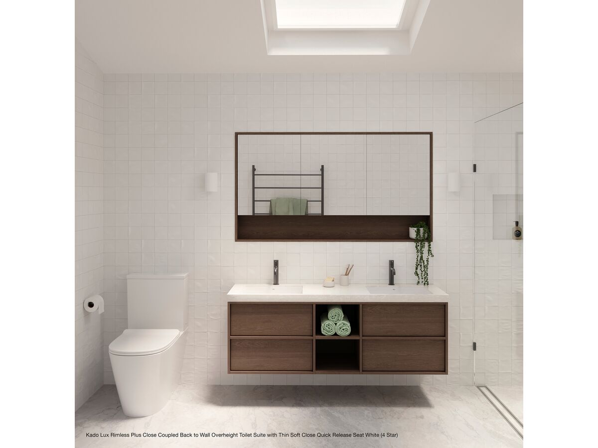 Reece Kado Lux Close Coupled Back To Wall Rimless Plus Overheight Back Inlet Toilet Suite With Thin Soft Close Quick Release Seat White (4 Star)