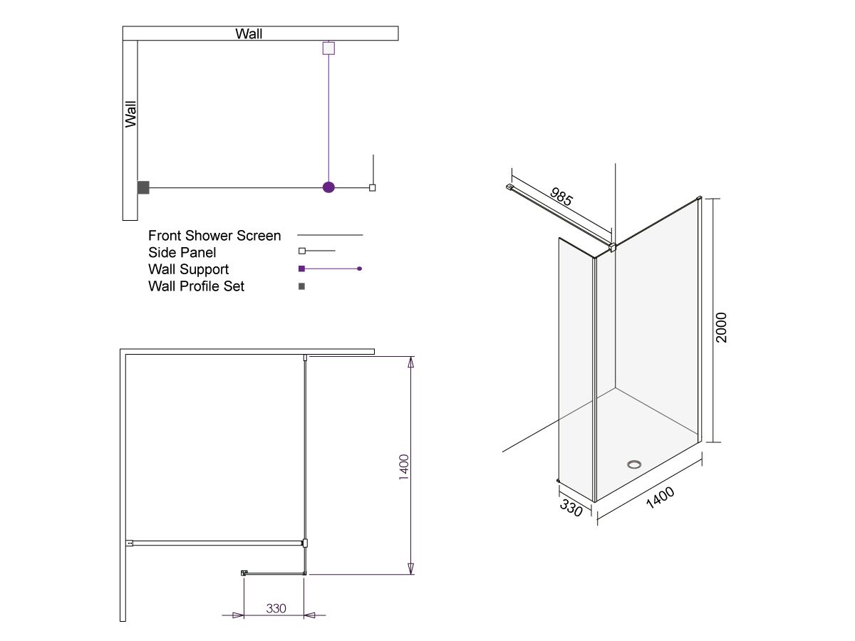 Reece Kado Lux Fixed Shower Screen Panel With Side Panel And Wall Support 1400mm Chrome
