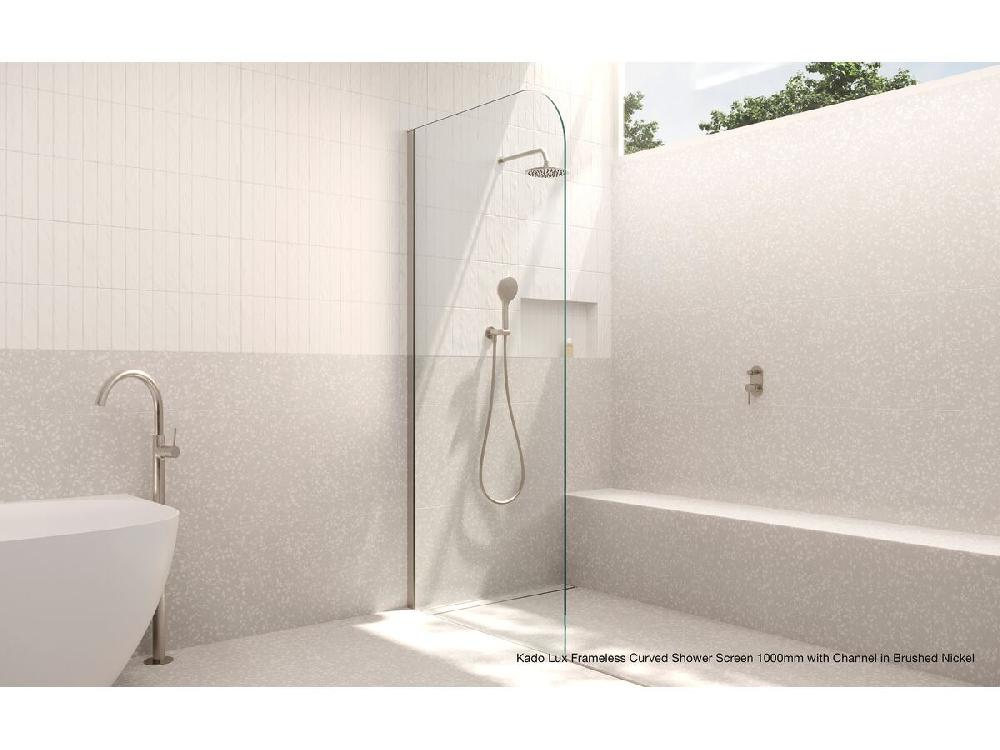 Reece Kado Lux Frameless Curved Panel With Wall Channel Clear Glass 1000mm Brushed Nickel