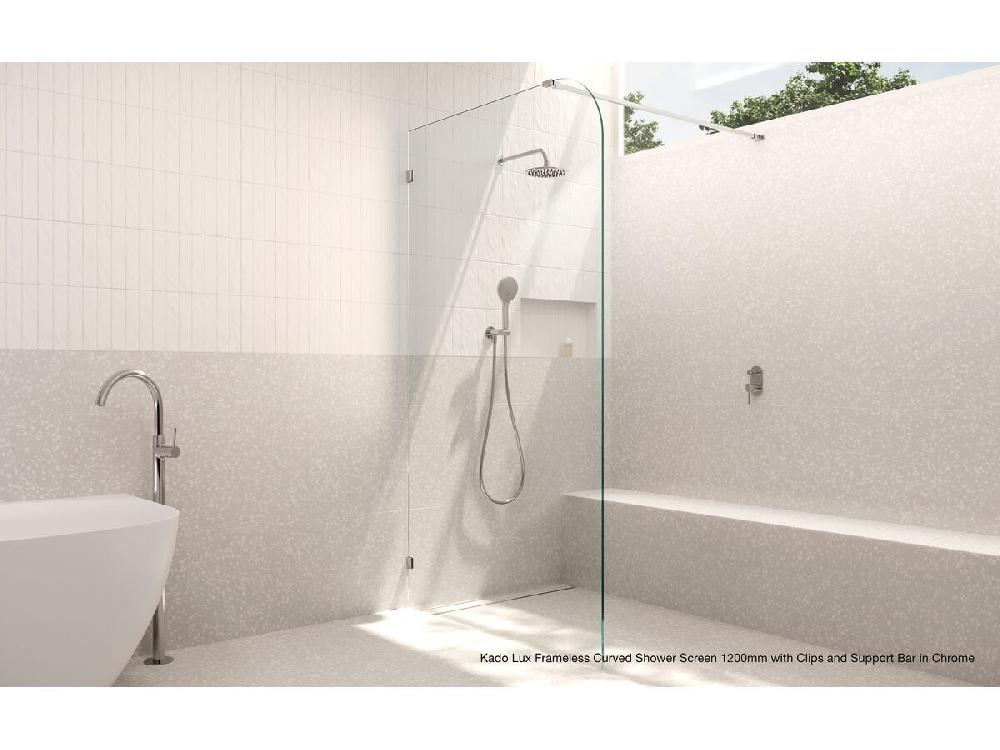 Reece Kado Lux Frameless Curved Panel With Wall Clips Clear Glass 1200mm Brushed Brass