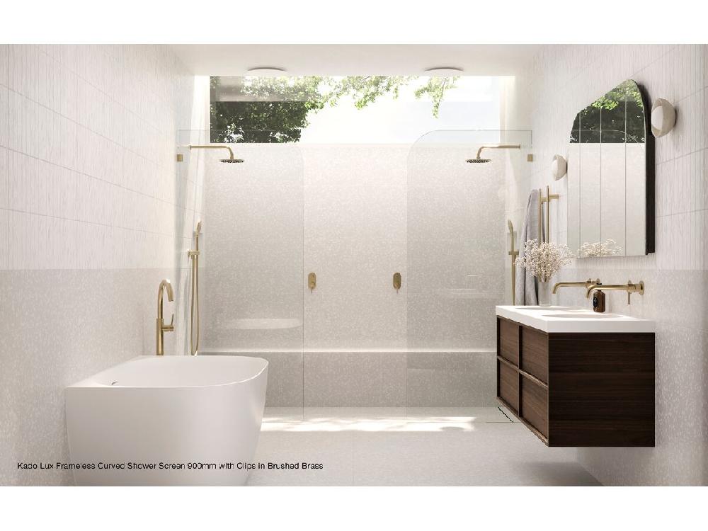 Reece Kado Lux Frameless Curved Panel With Wall Clips Clear Glass 1200mm Brushed Brass