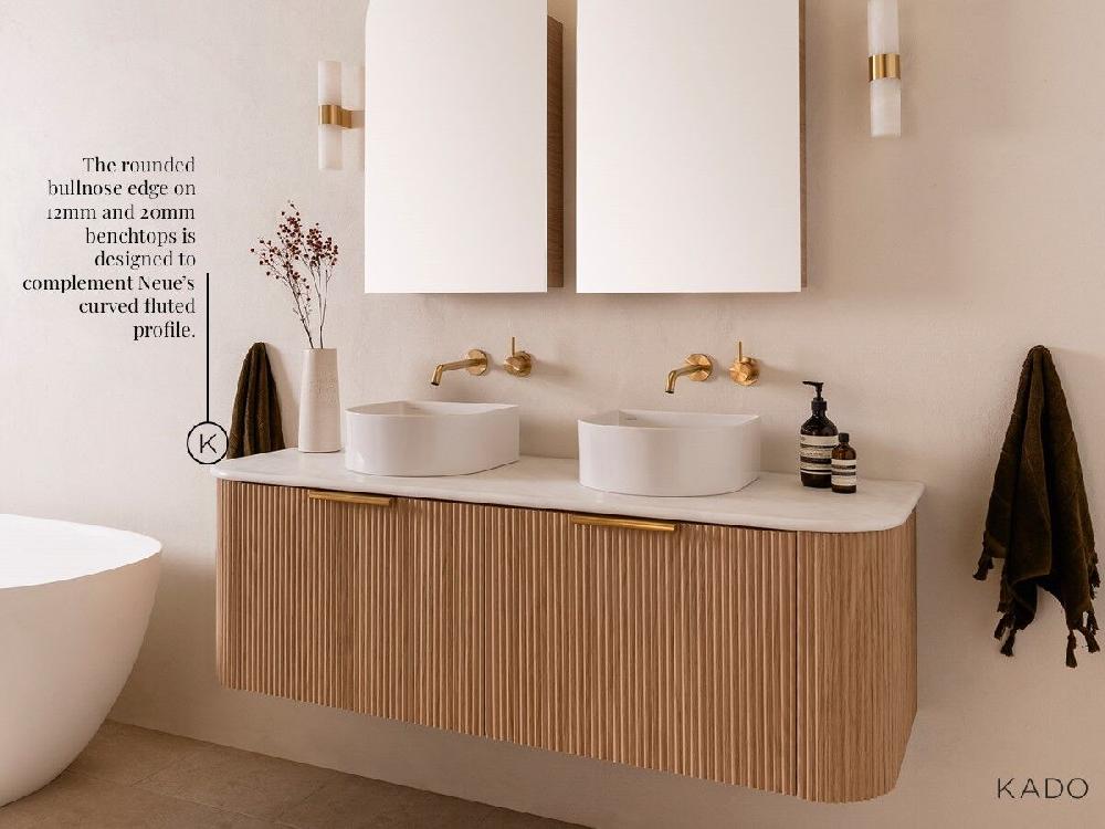 Reece Kado Neue Fluted Double Curve All Drawer 1500mm Wall Hung Vanity Double Basin 20mm Cherry Pie Top