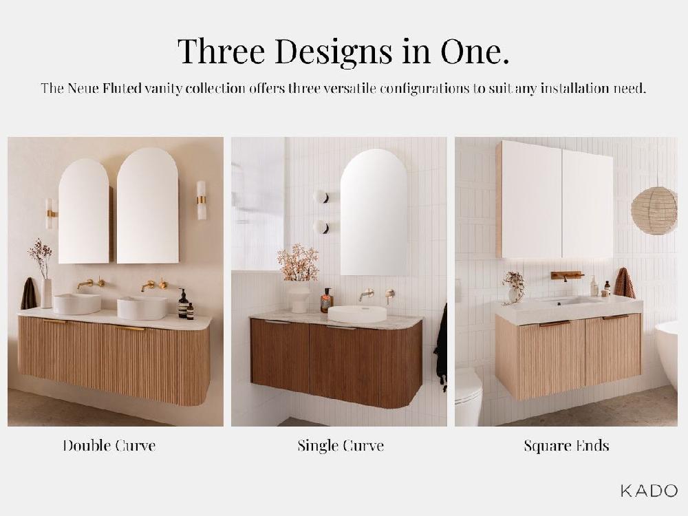 Reece Kado Neue Fluted Double Curve All Drawer 1500mm Wall Hung Vanity Double Basin 20mm Cherry Pie Top