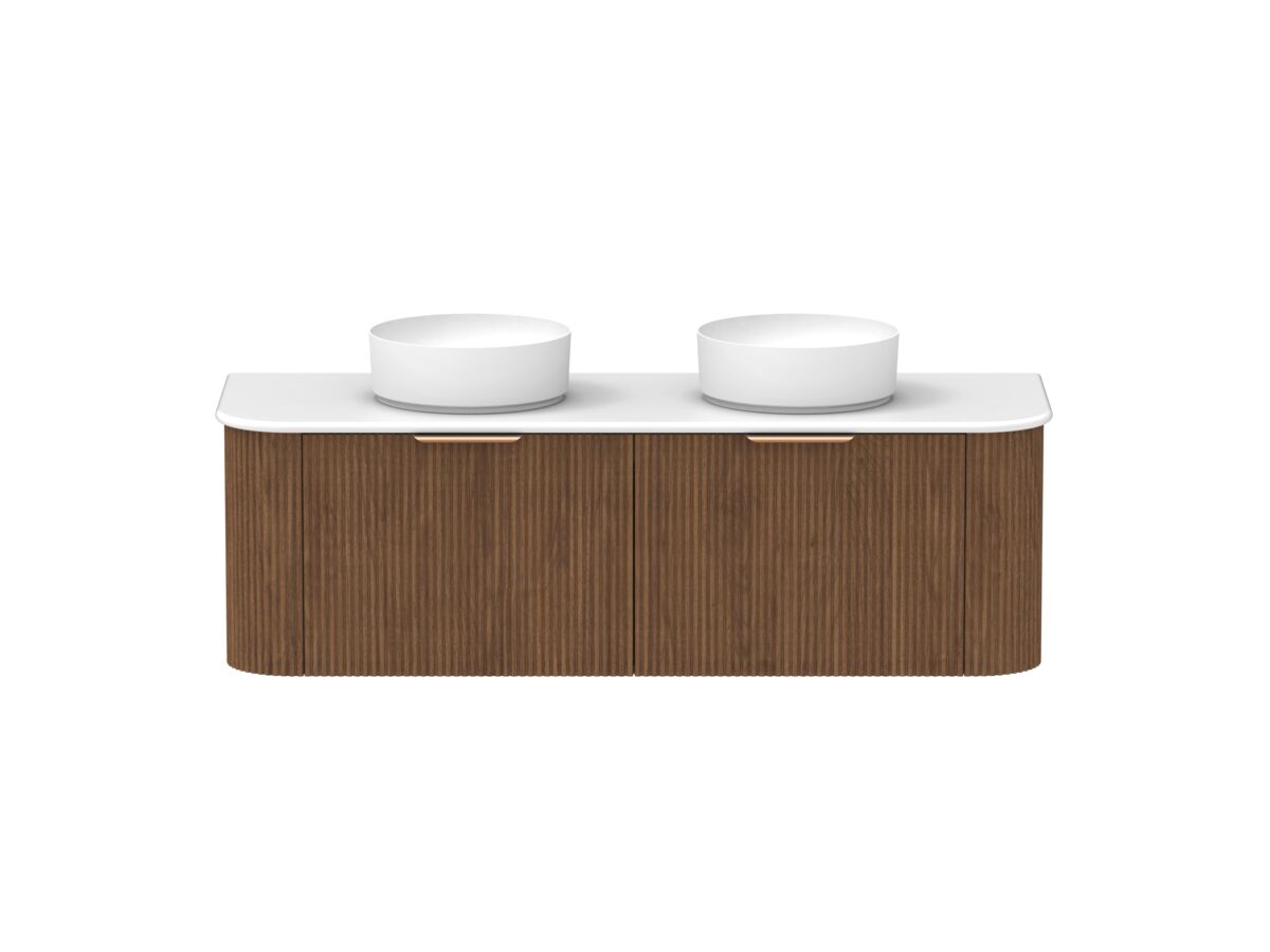 reece Kado Neue Fluted Double Curve All Drawer 1500mm Wall Hung Vanity Double Basin 20mm Cherry Pie Top