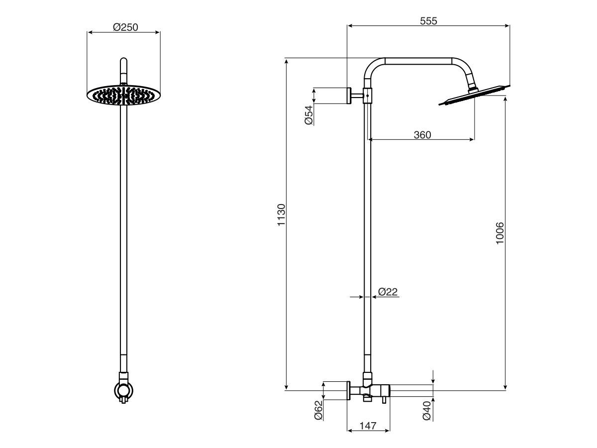 Reece Milli Inox Overhead Single Rail Shower With Bottom Rail Water Inlet Stainless Steel (3 Star)
