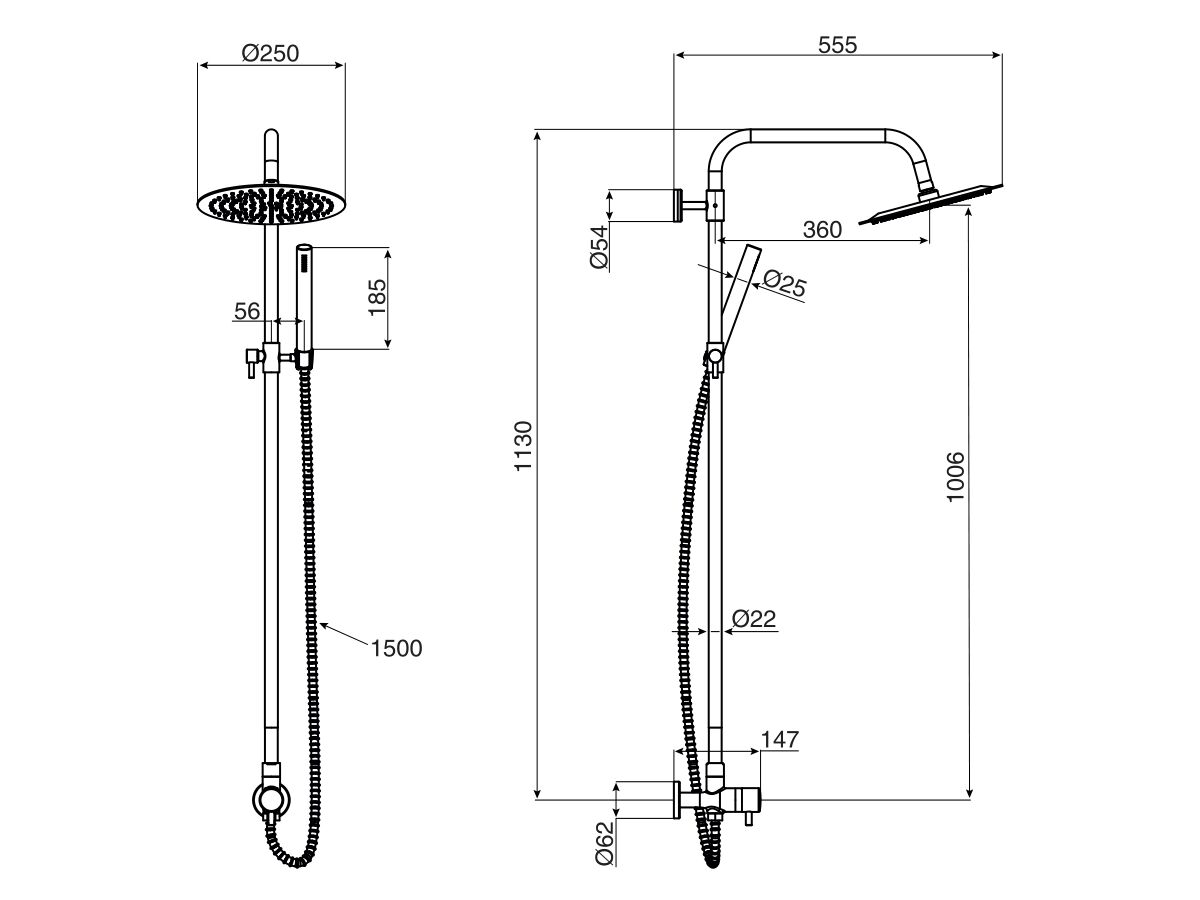 Reece Milli Inox Overhead Twin Rail Shower With Handshower With Bottom Rail Water Inlet Stainless Steel (3 Star)