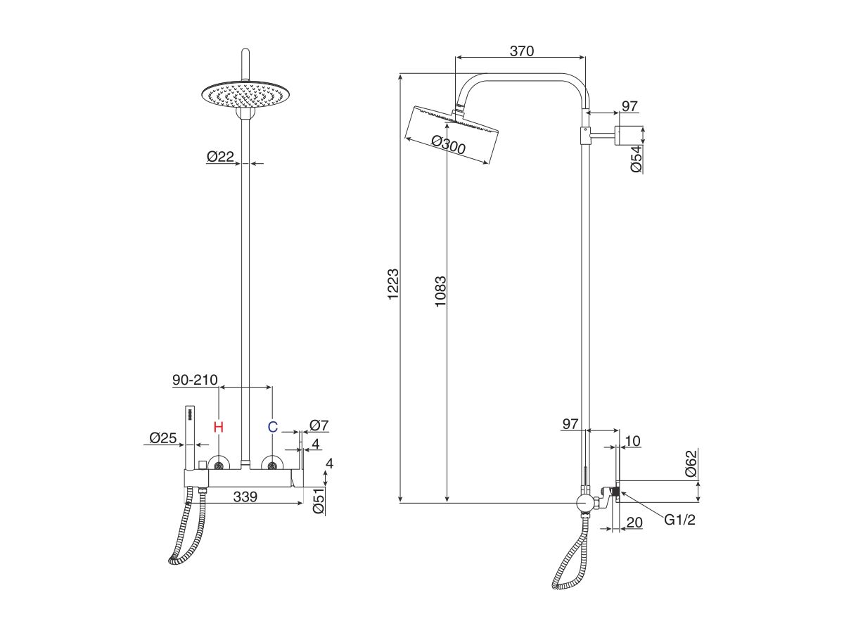 Reece Milli Inox Wall Mount Twin Rail Shower With 300mm Overhead With Bottom Rail Water Inlet Stainless Steel (3 Star)