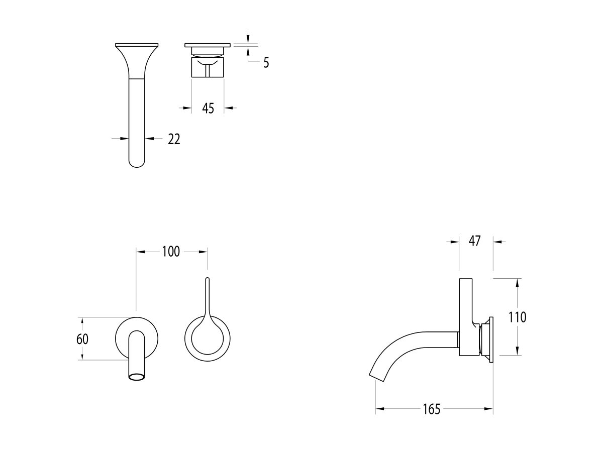 Reece Milli Oria Wall Bath Mixer Outlet System 165mm PVD Matte Black